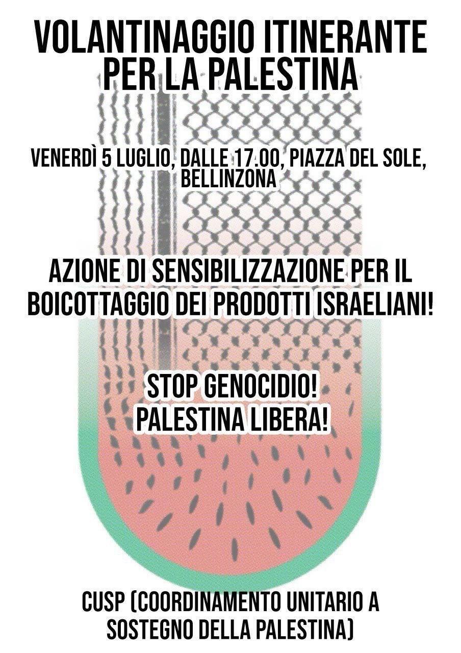 VENERDÌ 5 LUGLIO – VOLANTINAGGIO ITINERANTE PER LA PALESTINA