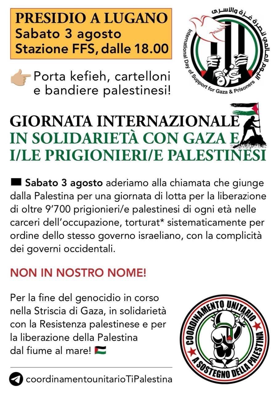 SABATO 3 AGOSTO: PRESIDIO IN SOLIDARIETÀ CON I/LE PRIGIONIERI/E PALESTINESI