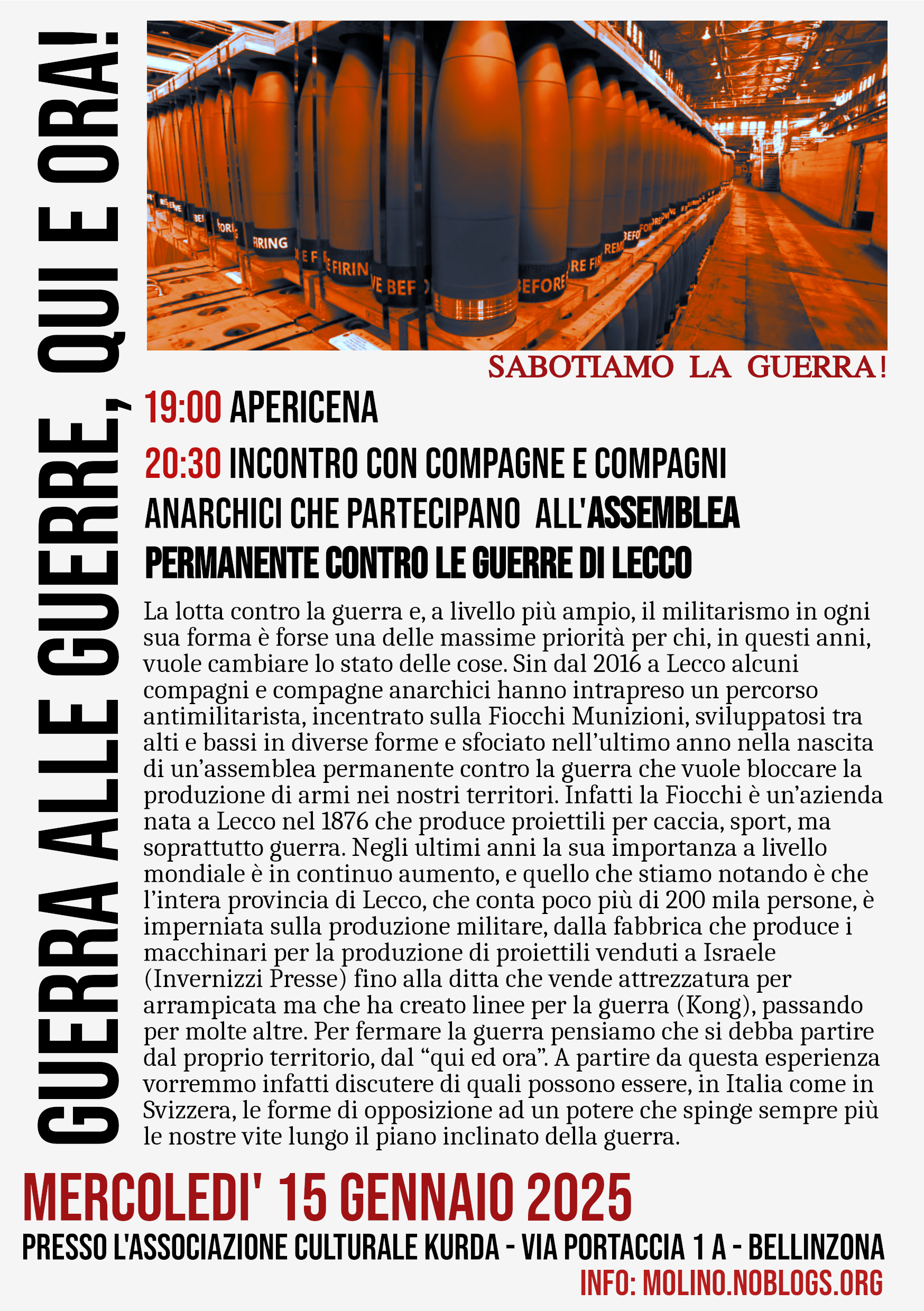15 GENNAIO 2025 BELLINZONA – SERATA: GUERRA ALLE GUERRE, QUI E ORA!