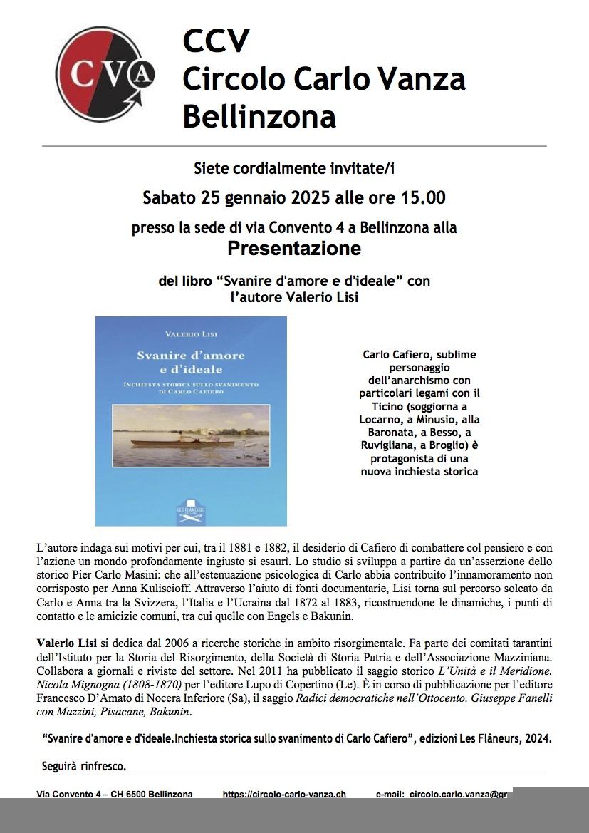 ANNULLATA 25 GENNAIO BELLINZONA – Presentazione libro “Svanire d’amore e d’ideale” al CCV
