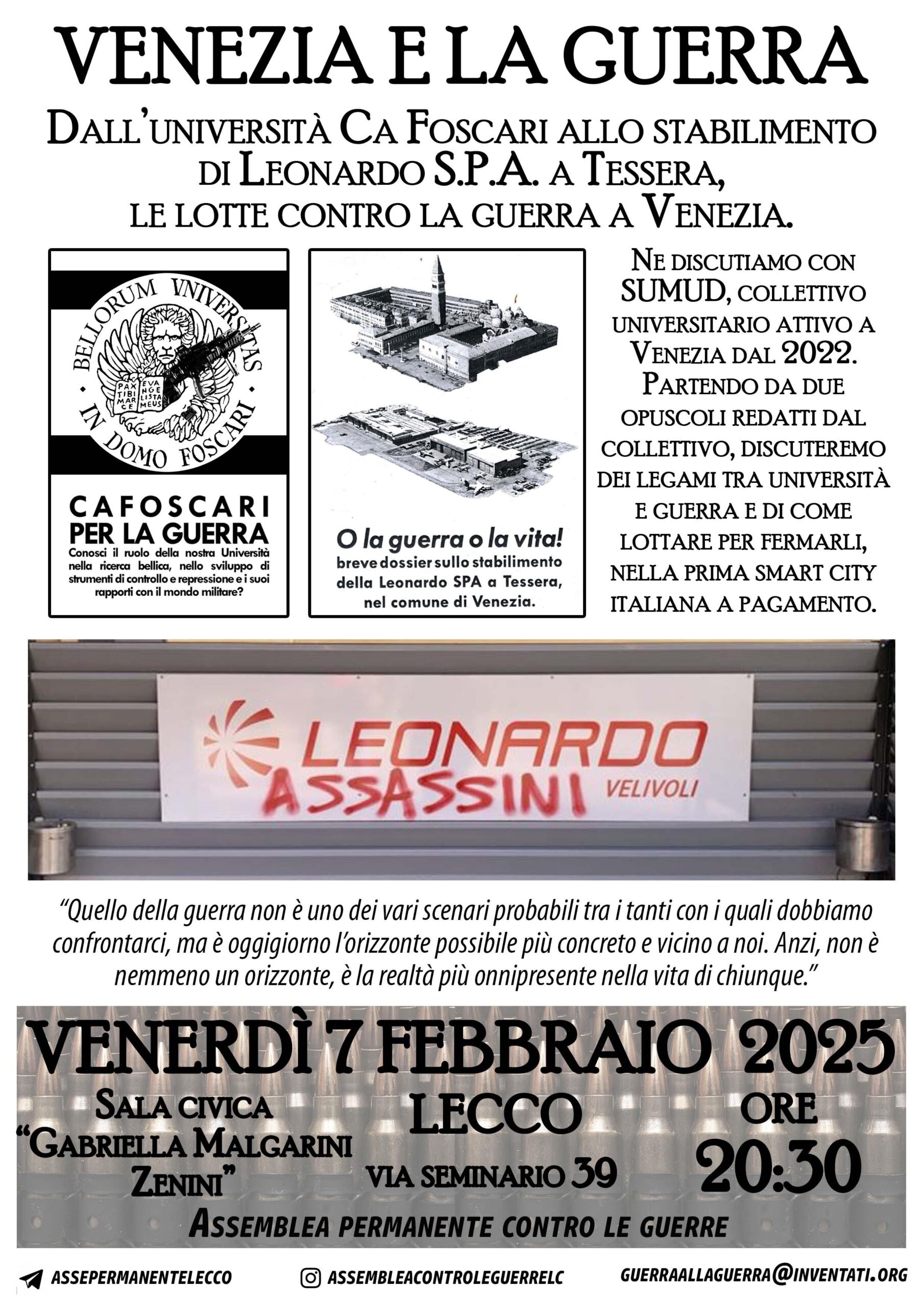 7 FEBBRAIO LECCO – Dall’università Ca Foscari allo stabilimento di Leonardo S.P.A. a Tessera: le lotte contro la guerra a Venezia