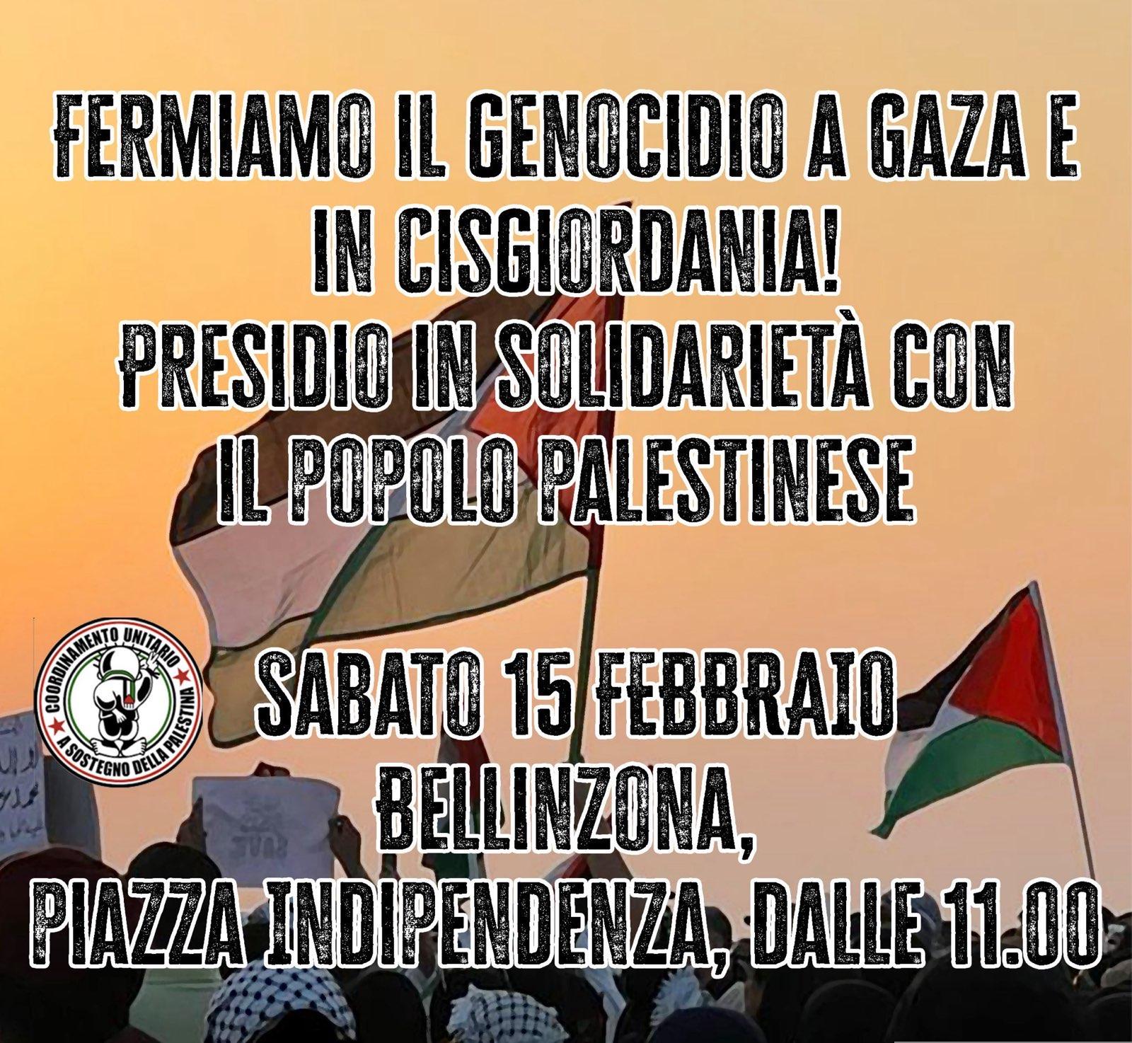 15 FEBBRAIO ORE 11.00 BELLINZONA – Presidio in solidarietà con il popolo palestinese