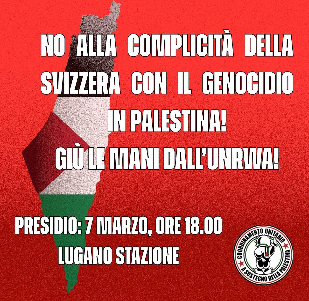 7 MARZO LUGANO – NO ALLA FINE DEI FINANZIAMENTI ALL’UNRWA!