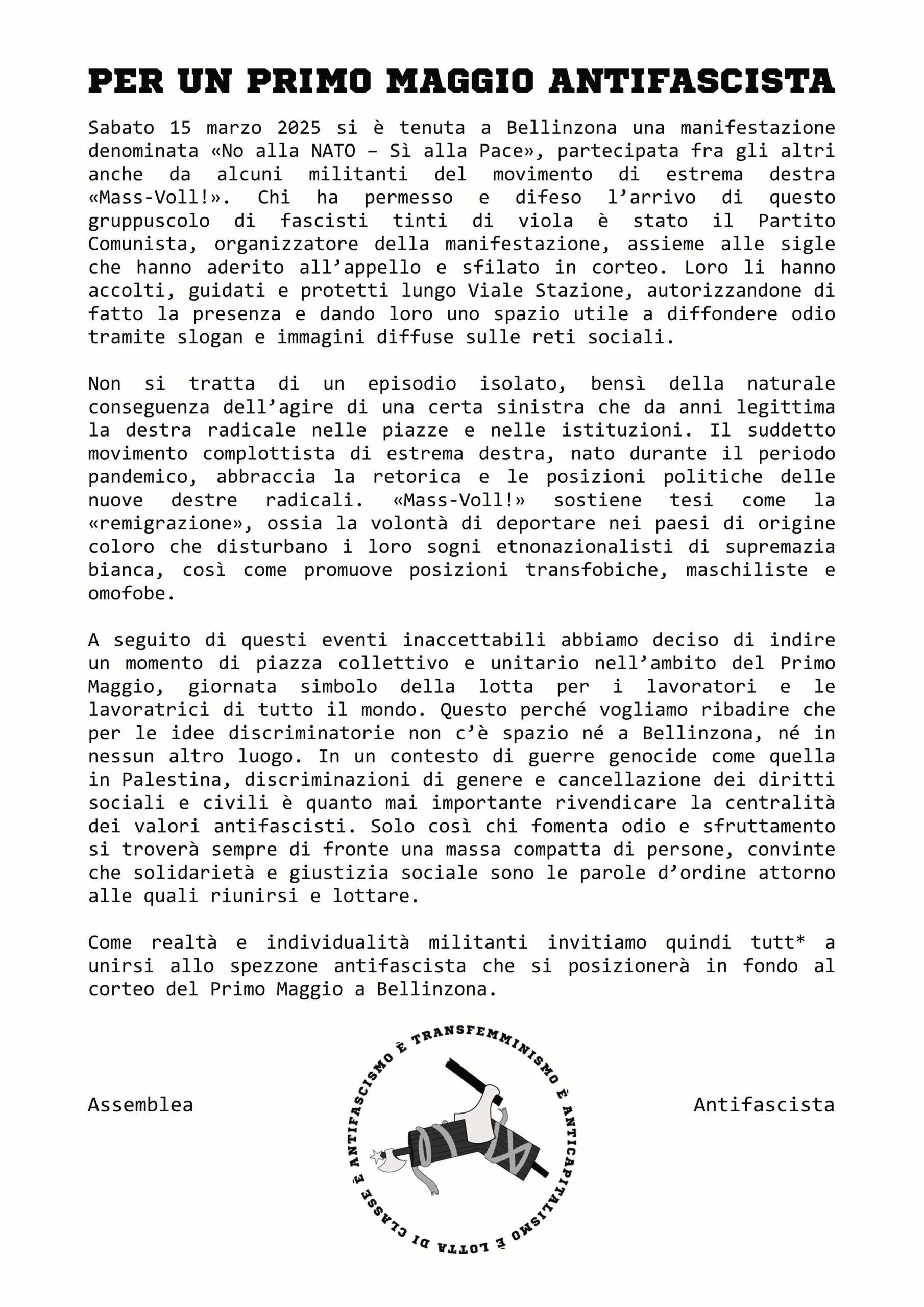 1 MAGGIO BELLINZONA – Per un PRIMO MAGGIO ANTIFASCISTA