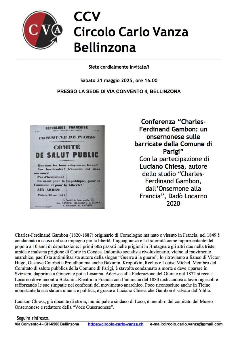 31 MAGGIO BELLINZONA – Circolo Carlo Vanza CONFERENZA “Charles-Ferdinand Gambon: un onsernonese sulle barricate della comune di Parigi”