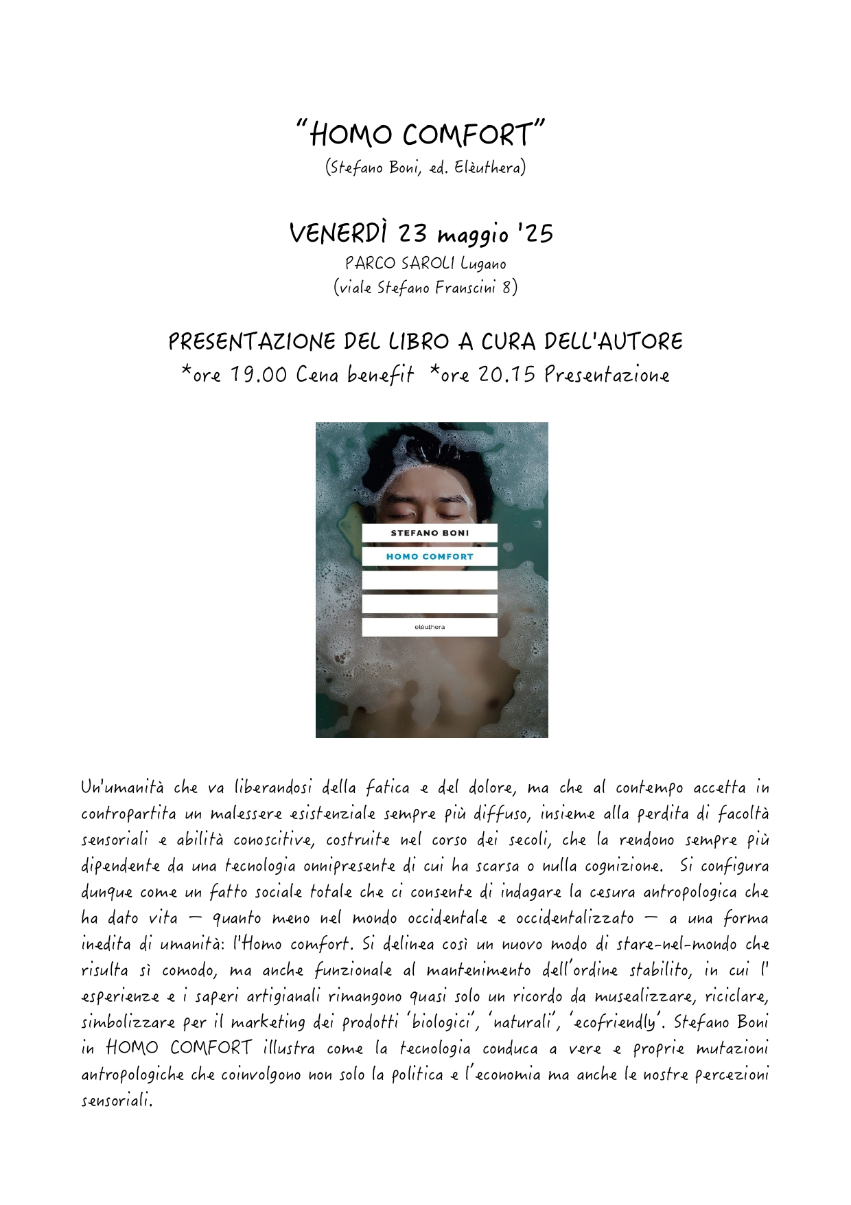 VENERDÌ 23 MAGGIO LUGANO – Presentazione libro “HOMO COMFORT”