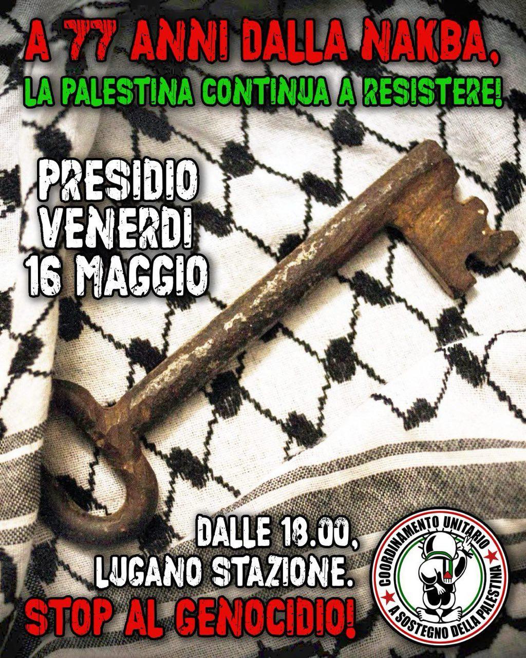 VENERDÌ 16 MAGGIO LUGANO – Presidio LA PALESTINA CONTINUA A RESISTERE!