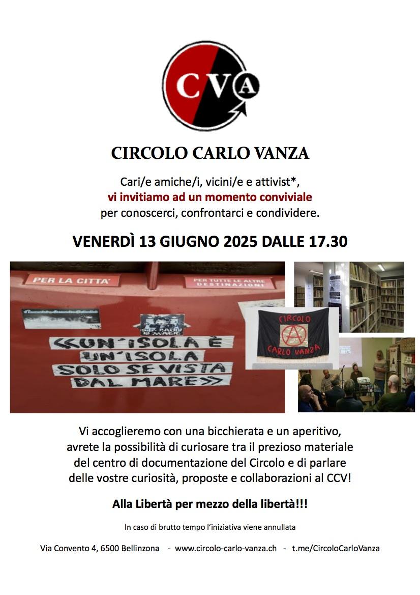 SABATO 13 GIUGNO BELLINZONA – Momento conviviale al CIRCOLO CARLO VANZA