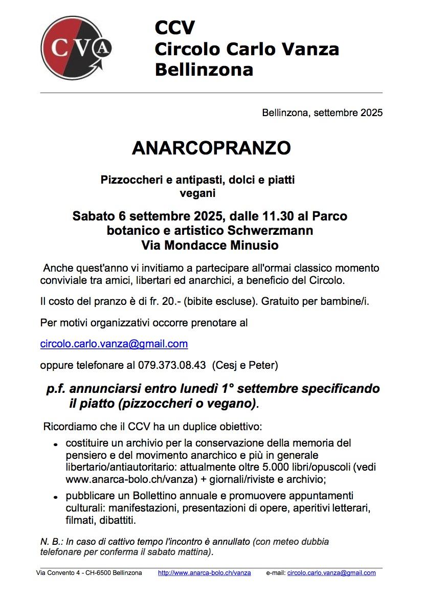 SABATO 6 SETTEMBRE MINUSIO – Anarcopranzo