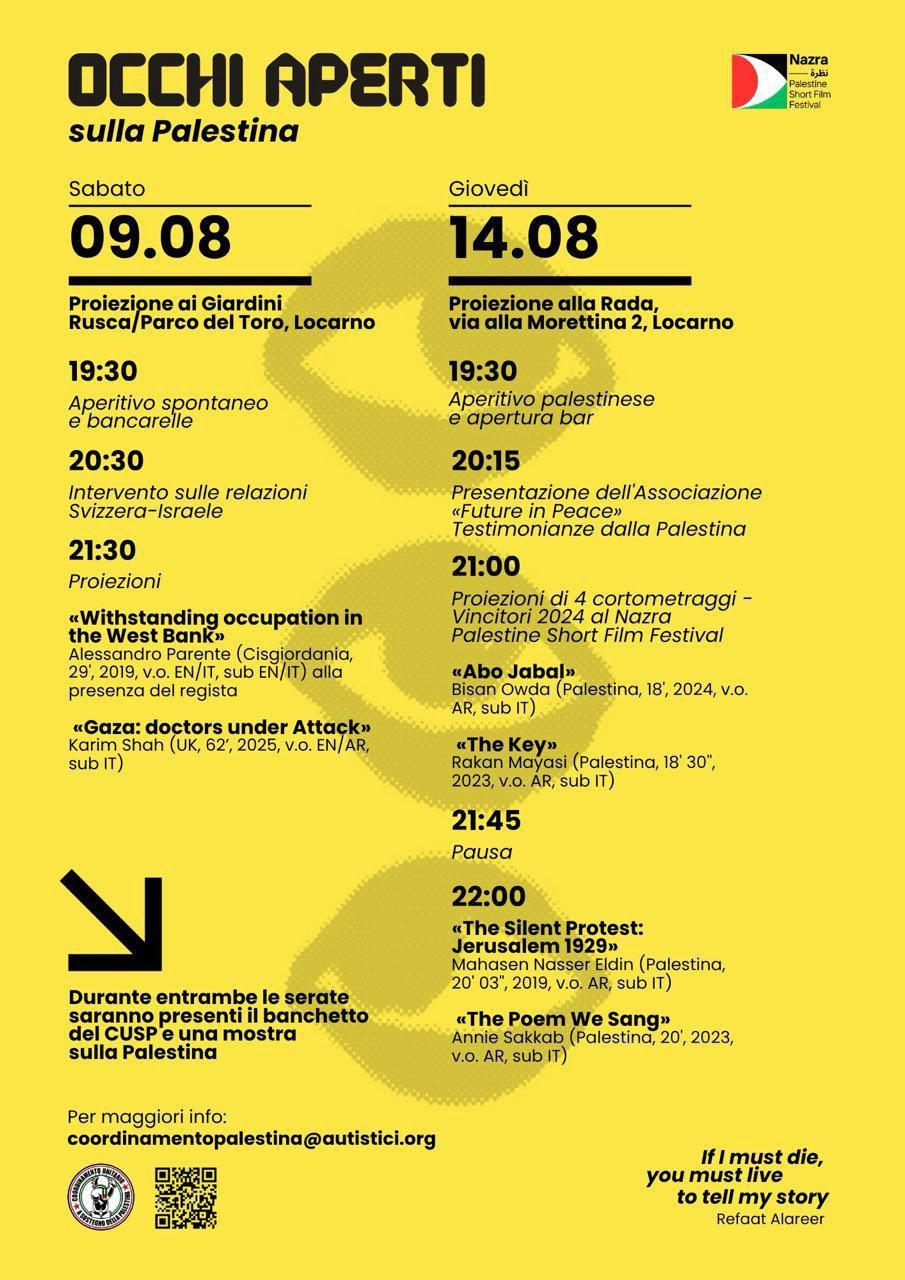 GIOVEDI 14 AGOSTO LOCARNO – OCCHI APERTI SULLA PALESTINA