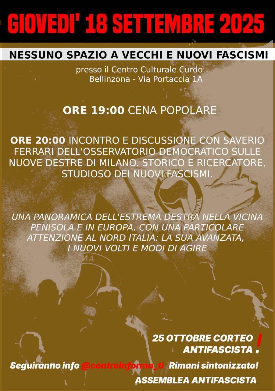 GIOVEDI 18 SETTEMBRE BELLINZONA – Nessuno spazio a vecchi e nuovi fascismi