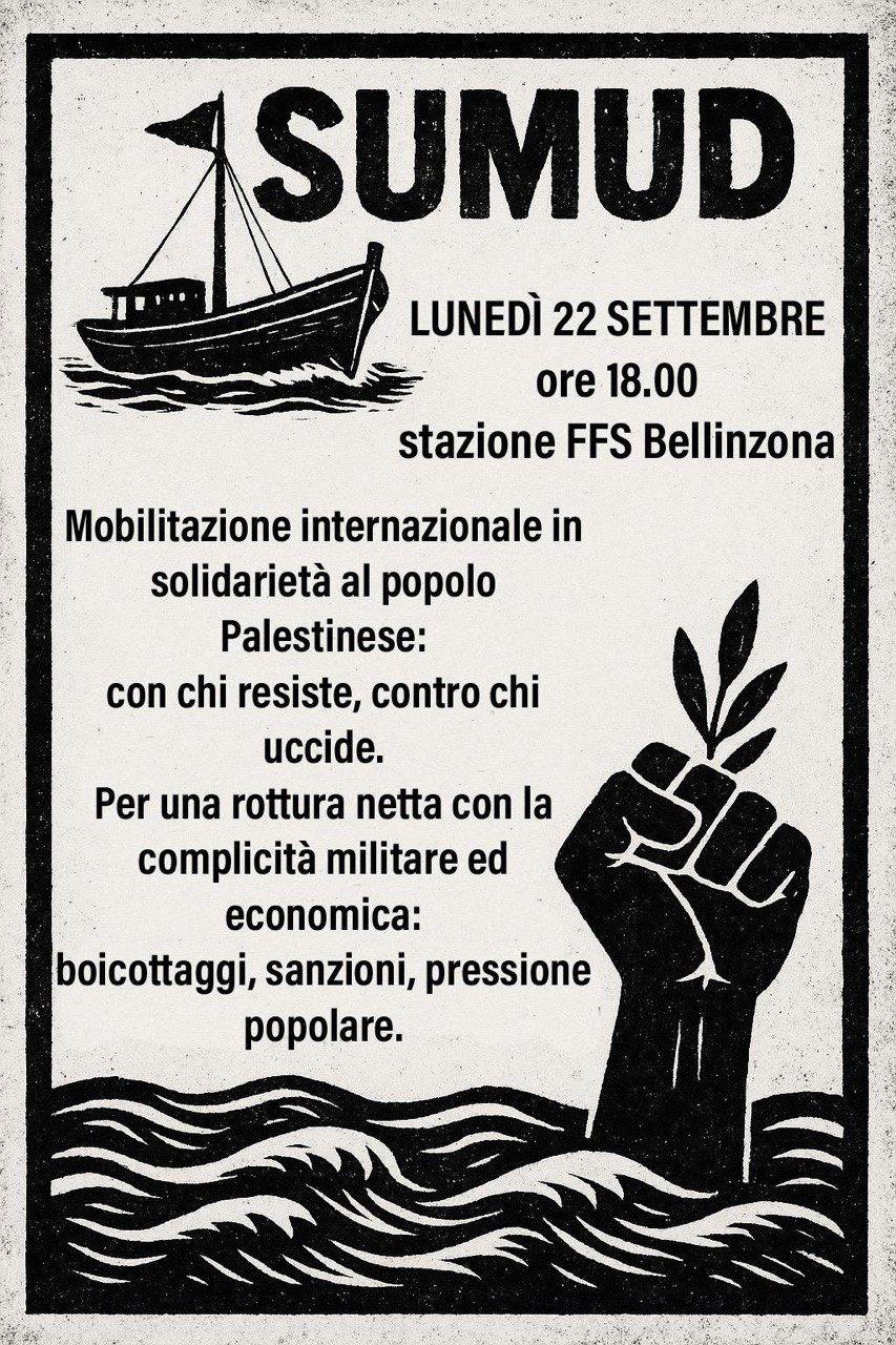 LUNEDI 22 SETTEMBRE BELLINZONA – PRESIDIO IN SOLIDARIETÀ AL POPOLO PALESTINESE