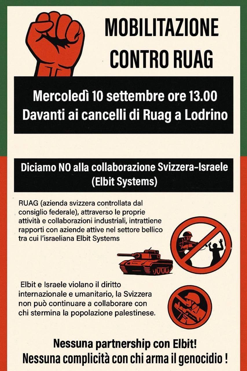 MERCOLEDI 10 SETTEMBRE LODRINO – MOBILITAZIONE CONTRO LA RUAG